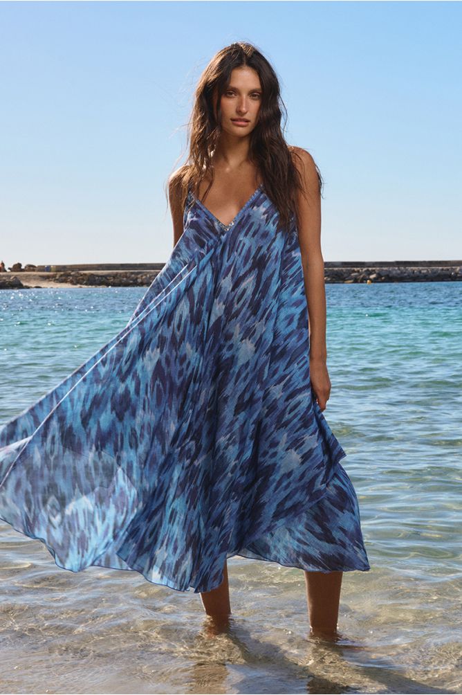 Long, flowing cotton dress, printed