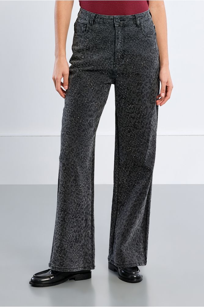 Denim strassé droit, à imprimé léopard