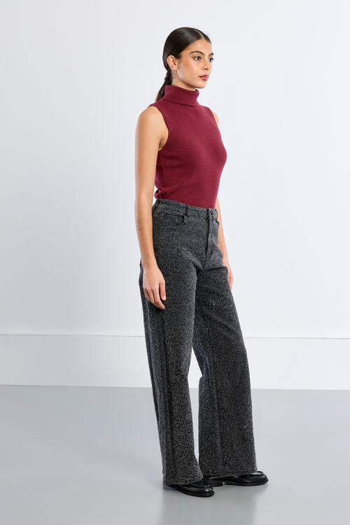 Straight rhinestone denim with leopard print