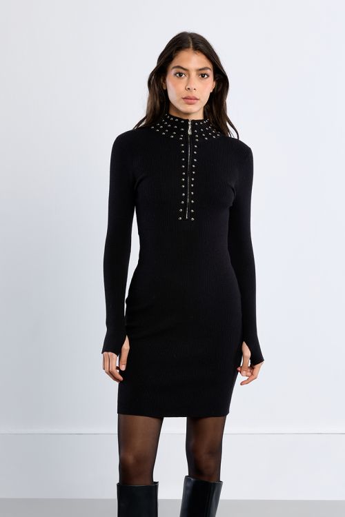 Ribbed knit midi dress with studded and zipped collar