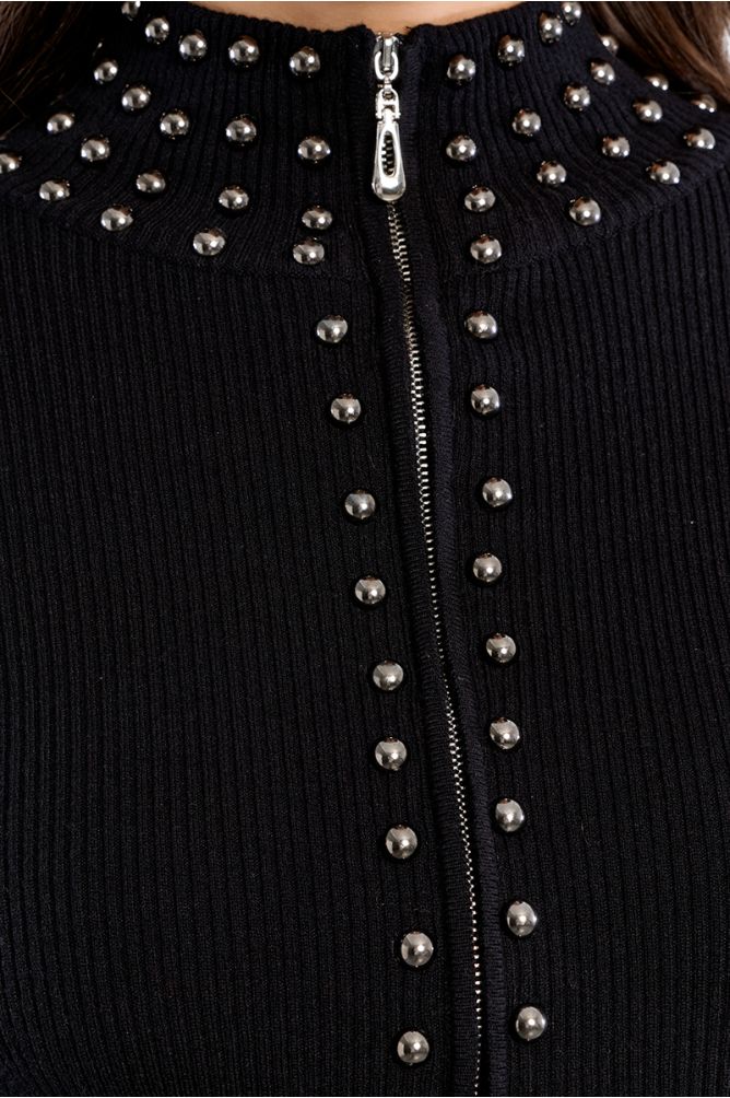 Ribbed knit midi dress with studded and zipped collar