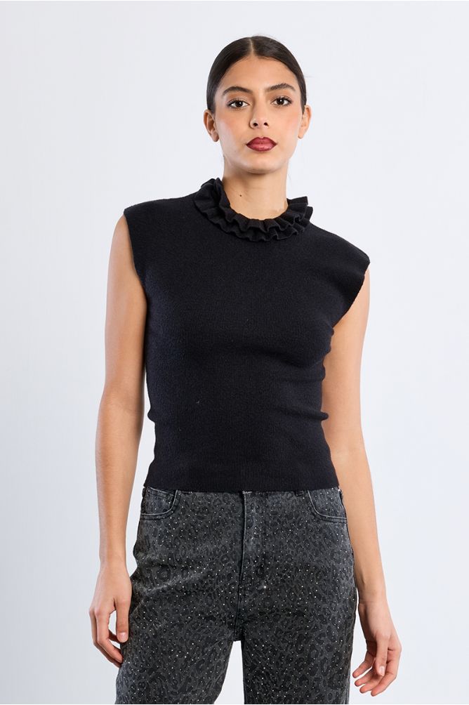 Pull en maille manches courtes, col Victorien