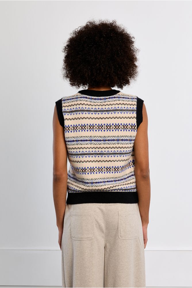 Pull sans manches, motif tybétain col V