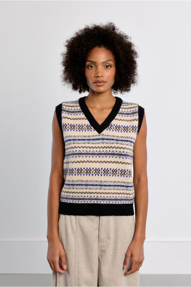 Pull sans manches, motif tybétain col V