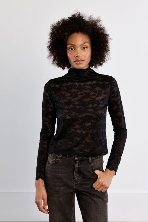 Embroidered mesh top, semi-sheer