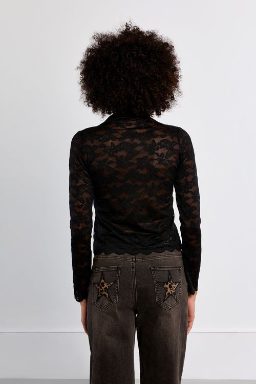 Embroidered mesh top, semi-sheer