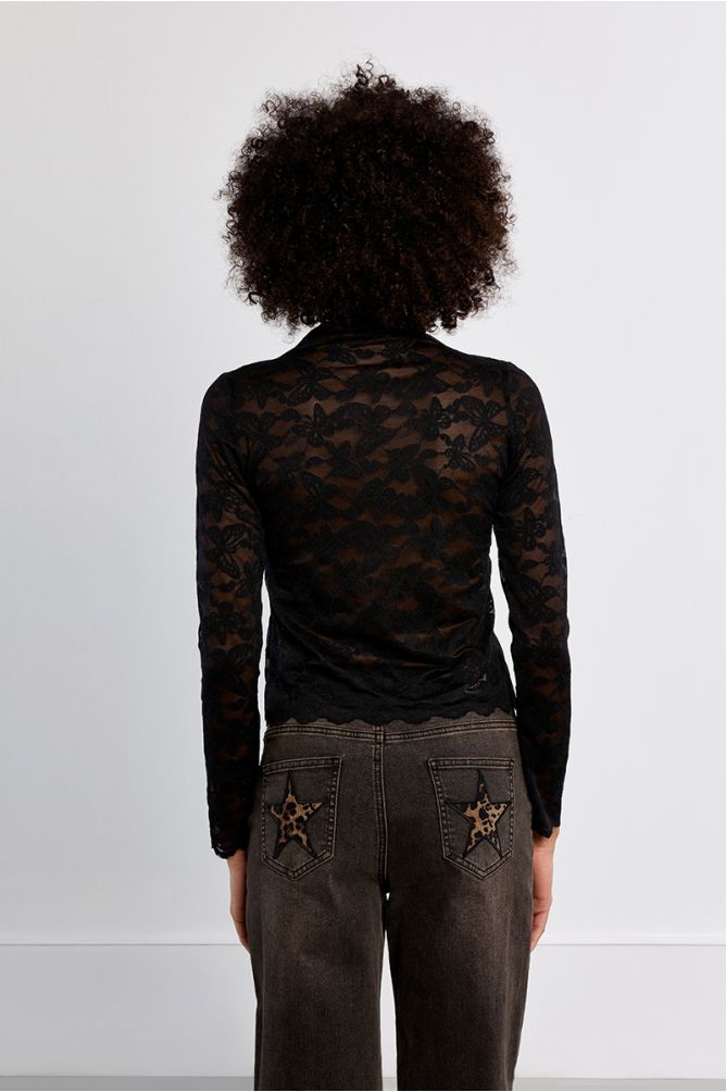 Embroidered mesh top, semi-sheer