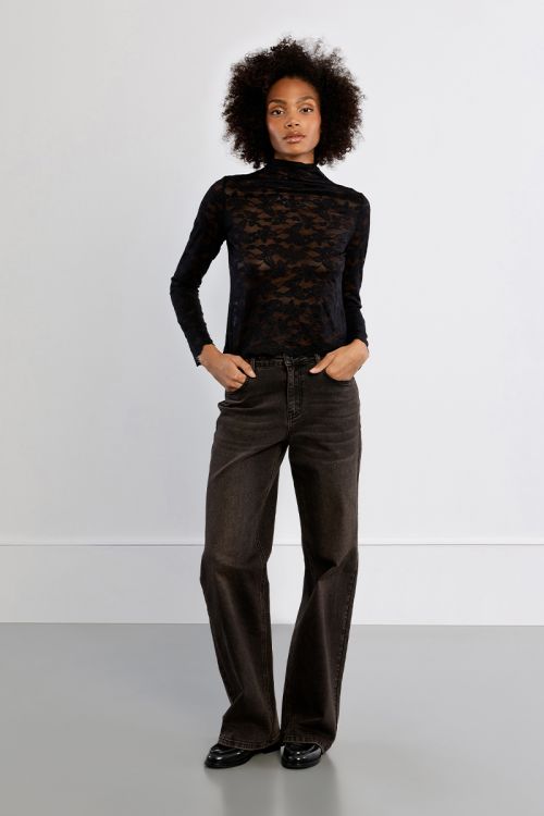 Embroidered mesh top, semi-sheer