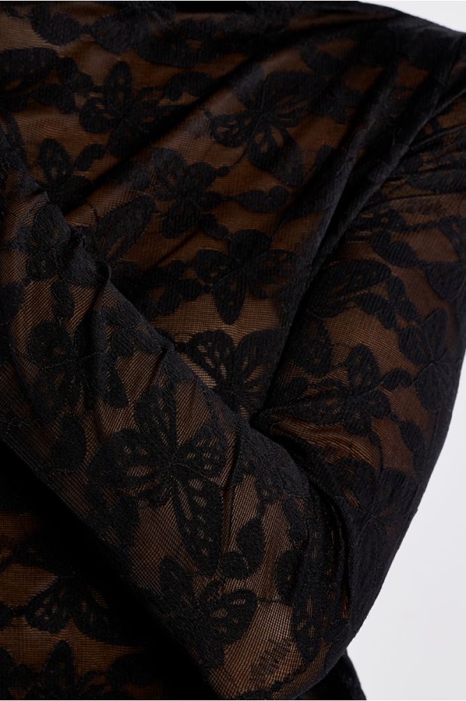 Embroidered mesh top, semi-sheer