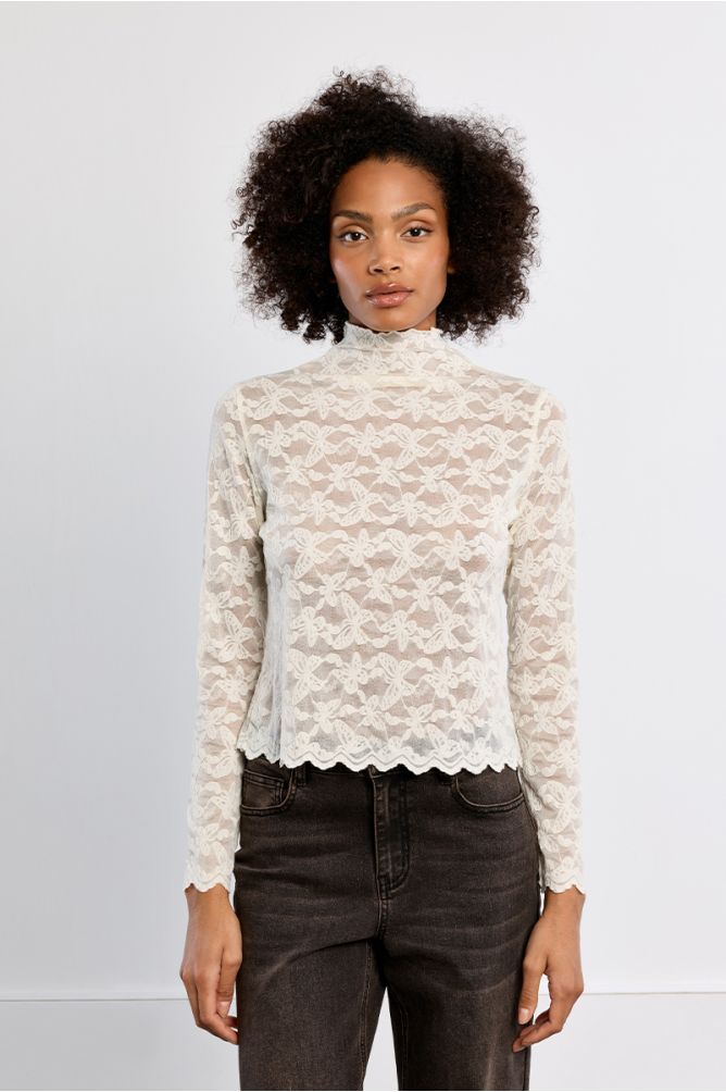 Embroidered mesh top, semi-sheer