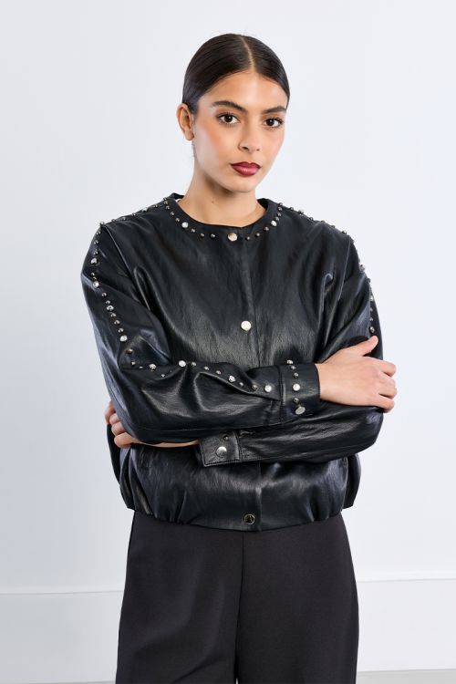 Oversized faux leather jacket, studded