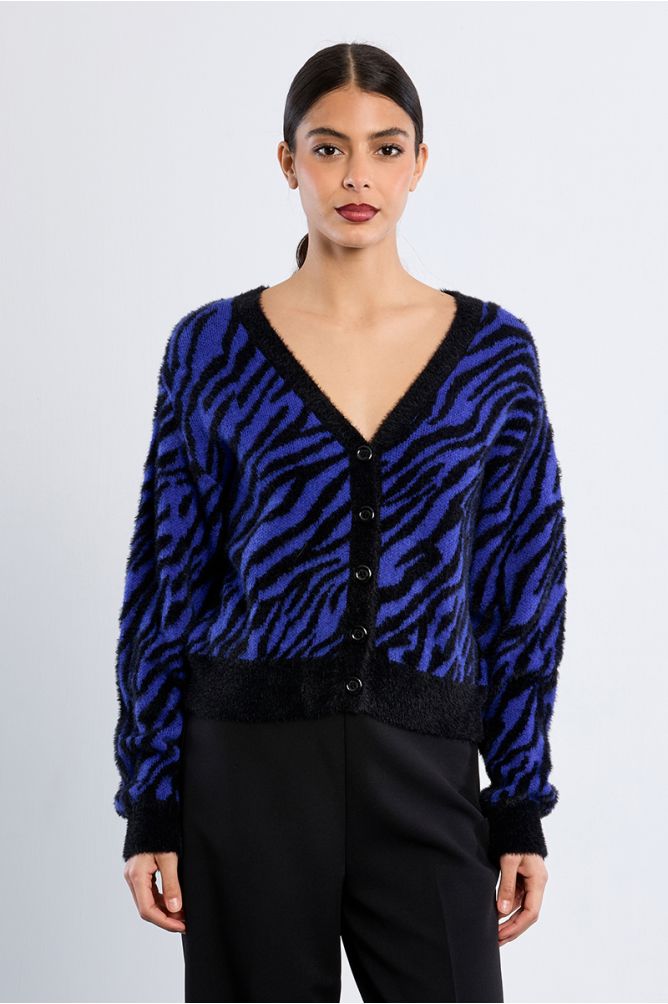 Cardigan zébré en maille duveteuse