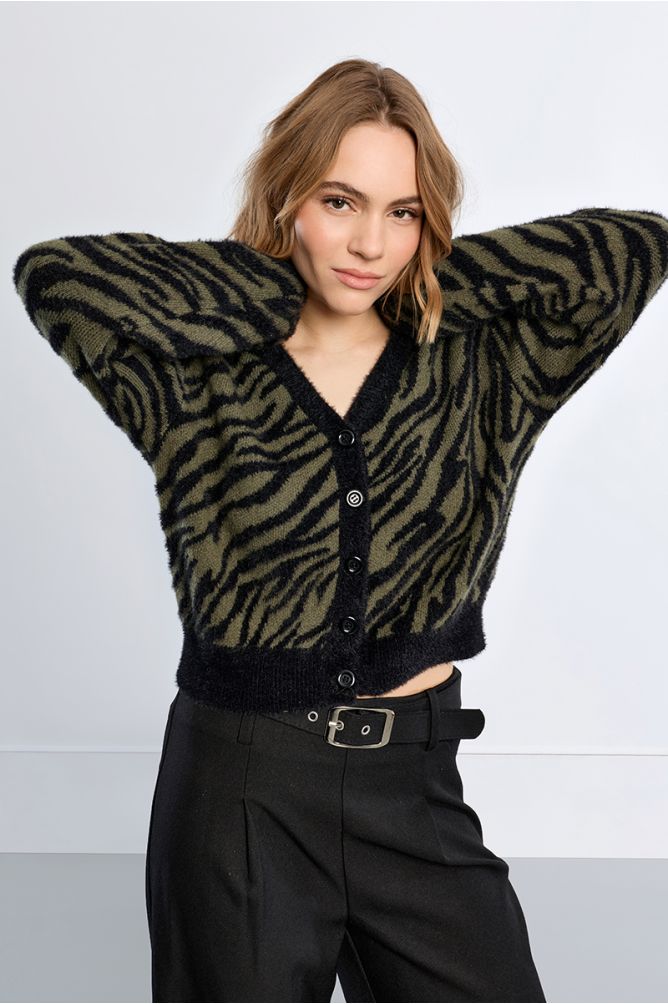 Cardigan zébré en maille duveteuse