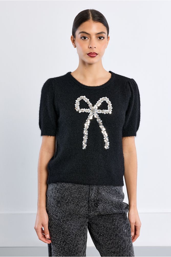 Short-sleeved sweater, sequin bow