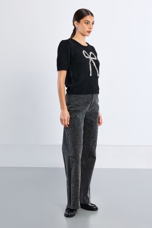 Short-sleeved sweater, sequin bow