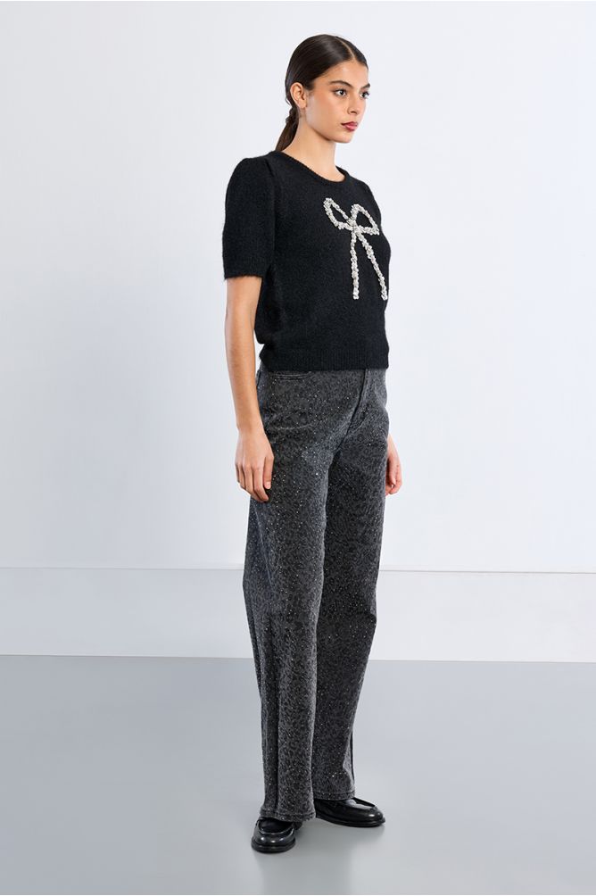 Short-sleeved sweater, sequin bow