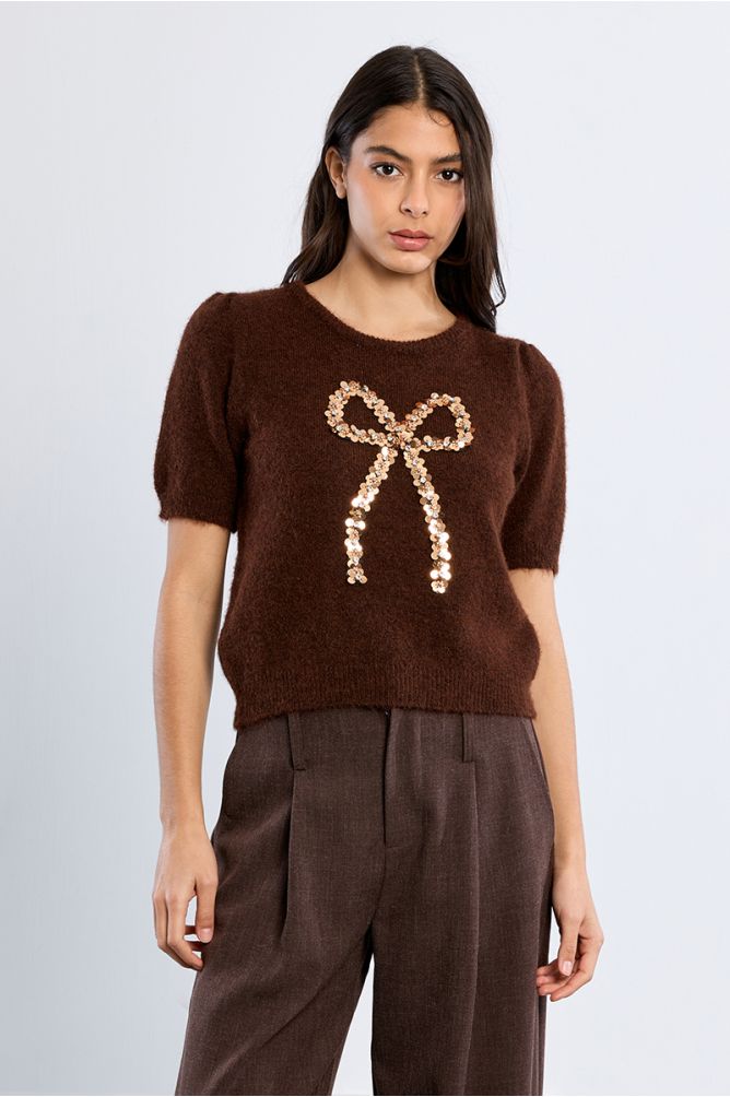 Short-sleeved sweater, sequin bow