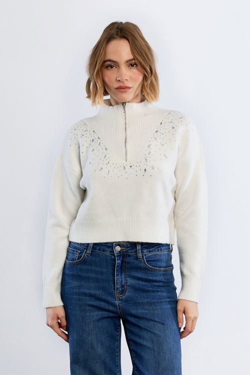 Trucker collar sweater, with rhinestones