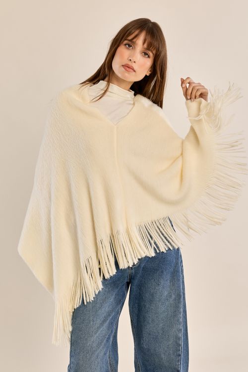 Fringed poncho, brushed knit