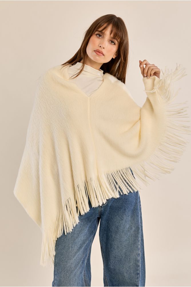 Poncho à franges, maille brossée
