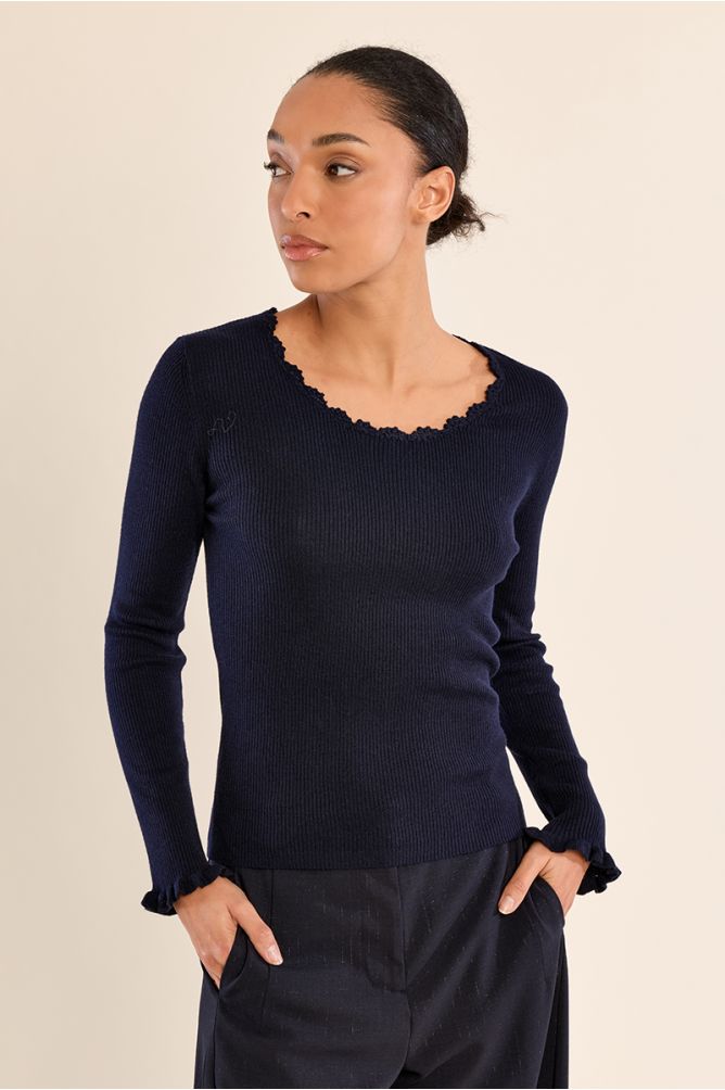 Ribbed knit sweater, lace collar